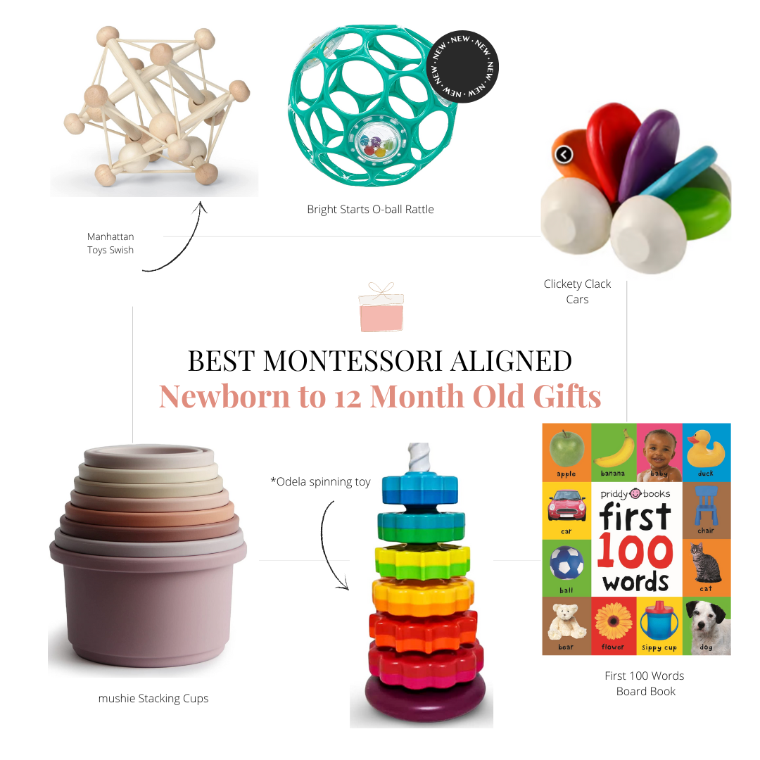 Six various Montessori style toys with title that reads Best Montessori Aligned Newborn to 12 month Old Gifts
