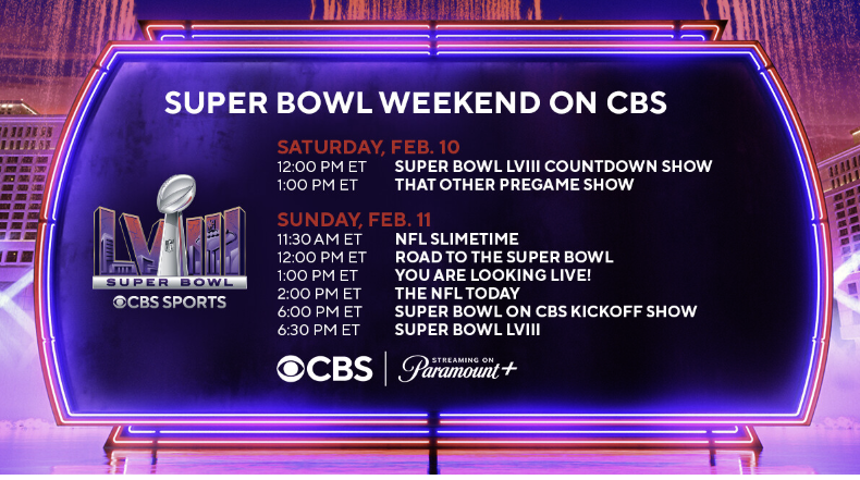 graphic with important times related to when the Super Bowl 2024 starts: Saturday February 10 - 12 p.m. Eastern = Super Bowl LVIII Countdown Show, 1 p.m. Eastern = That Other Pregame Show

Sunday February 11: 6:30 p.m. Eastern = Super Bowl LVIII
